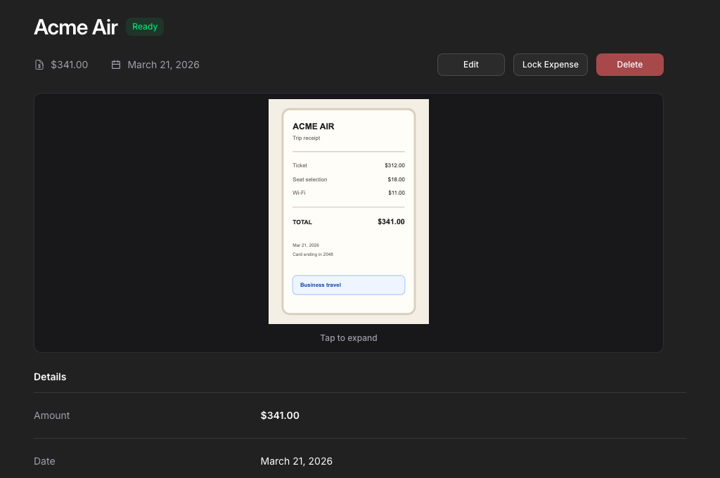 Dark mode expense detail review with extracted fields and line items
