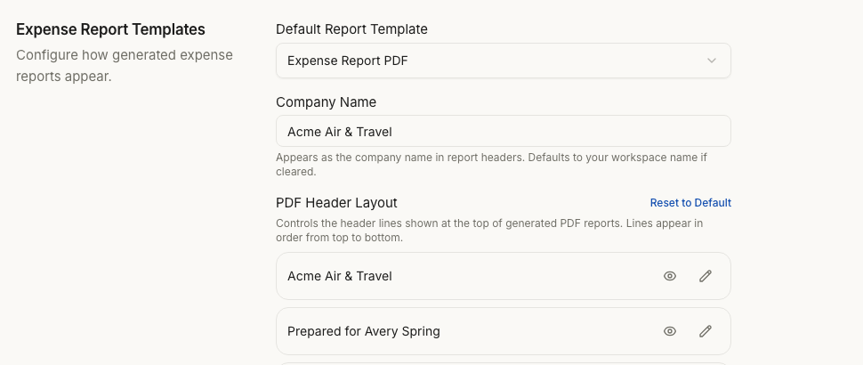 Organization settings with report template and header layout customization